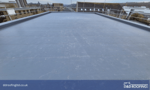 Aerial view of a refurbished flat roof with Protan single ply membrane at the Central Hub Youth Centre in Huddersfield.