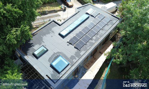 Flat roof installation with Bauder membranes, skylights, and solar PV system on a modern residential property in Knaresborough by D&D Roofing Ltd
